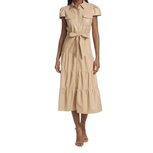 Alice + Olivia Faux Leather Tiered‎ Shirt Dress Beige Button Front Midi Size 2